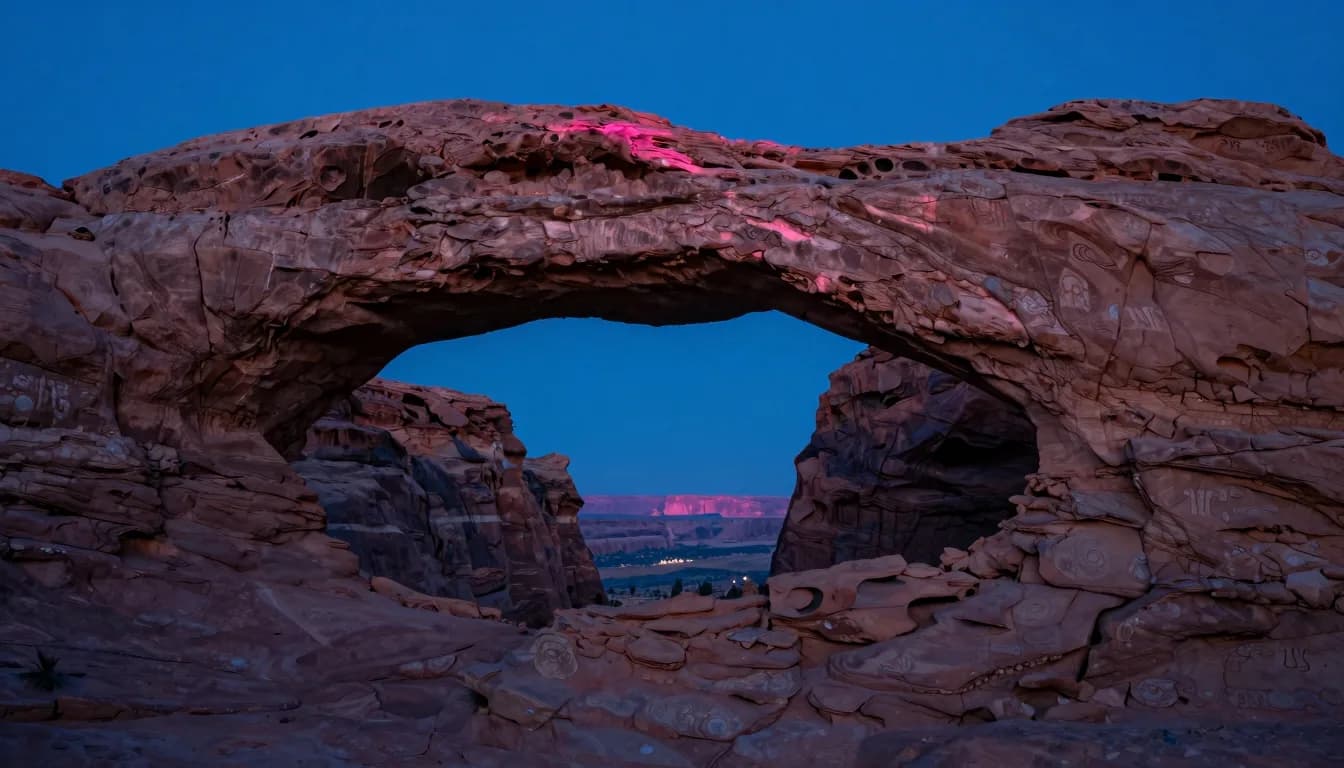 Three natural sandstone rock arches silhouetted against a desert twilight sky, dramatic backlit composition