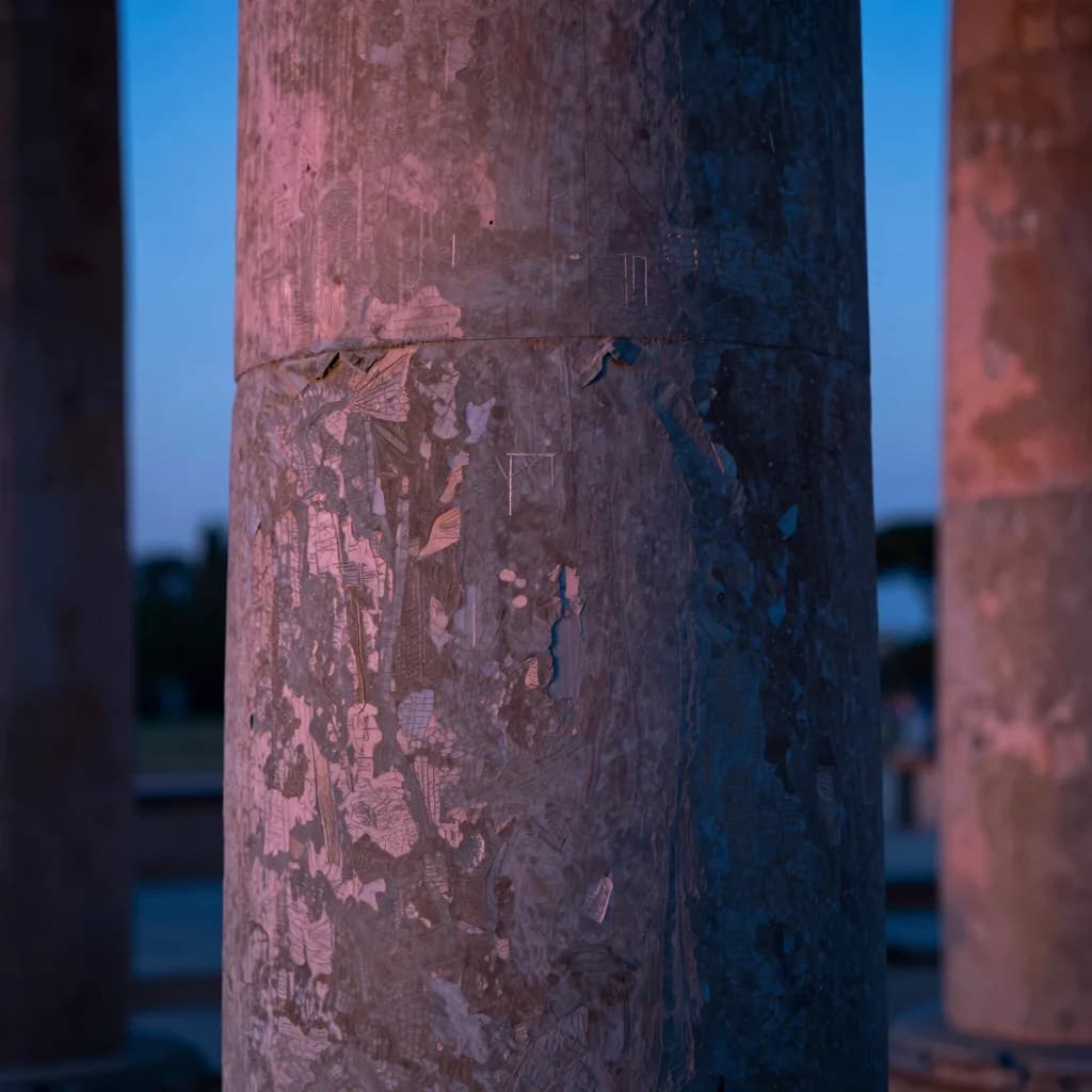 Close-up macro of a weathered stone column surface showing fine erosion patterns.