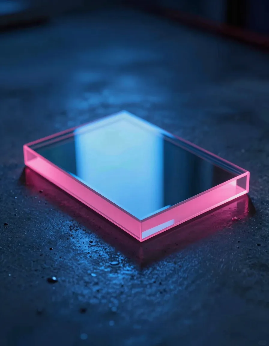 portrait orientation of iridescent glass form on dark polished stone with electric-blue and hot-pink refraction - companion image for the Shopify Plus checkout extensions guide