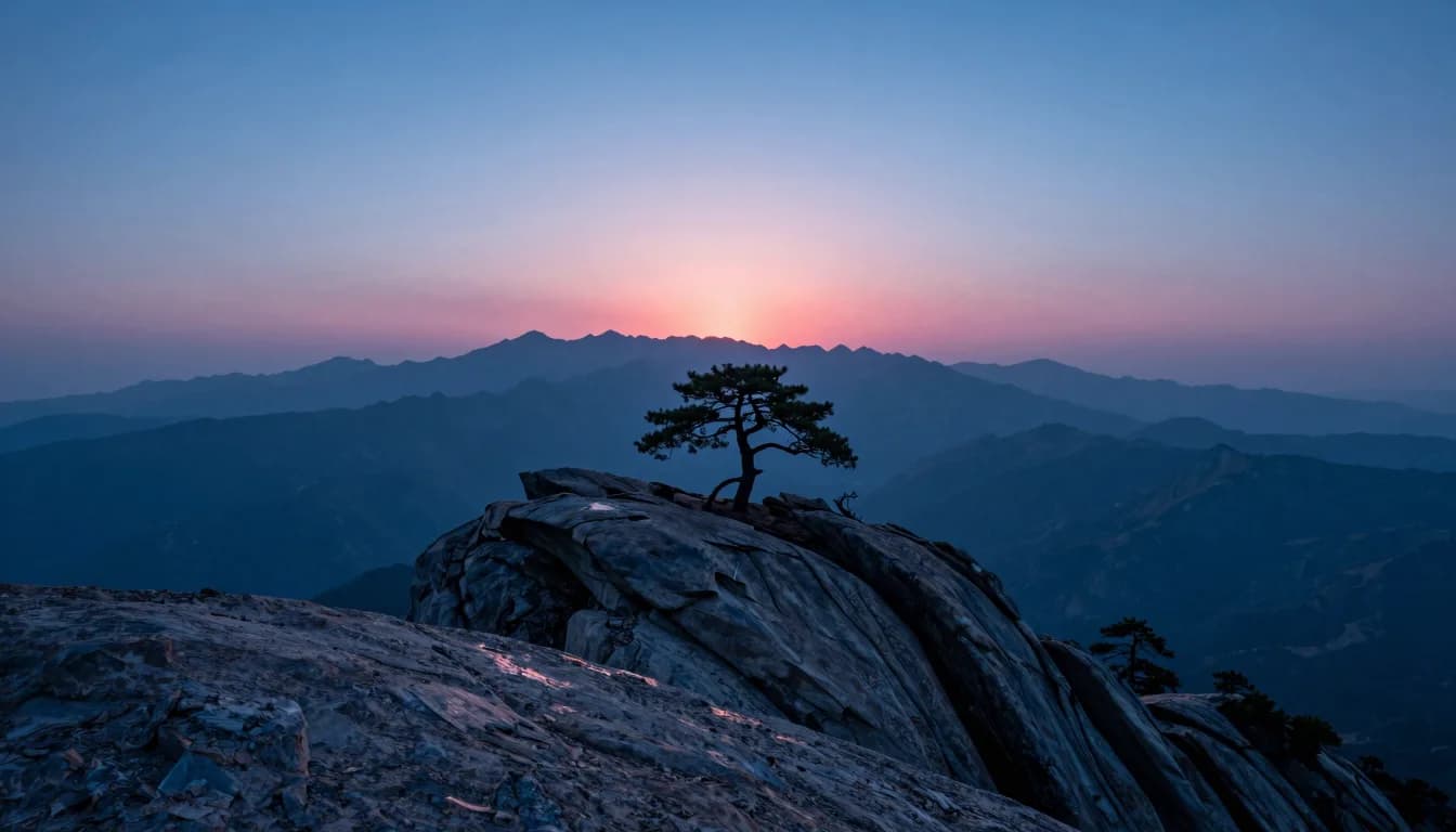 Distant rocky ridge with a single gnarled pine tree silhouetted small on the ridge line, dwarfed by the mountain layers behind, the tree at scale revealing landscape vastness.