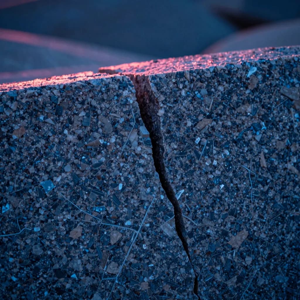 Close-up macro of a circuit board surface with a single pink LED catching dust and the cool blue cast of a monitor off-frame.