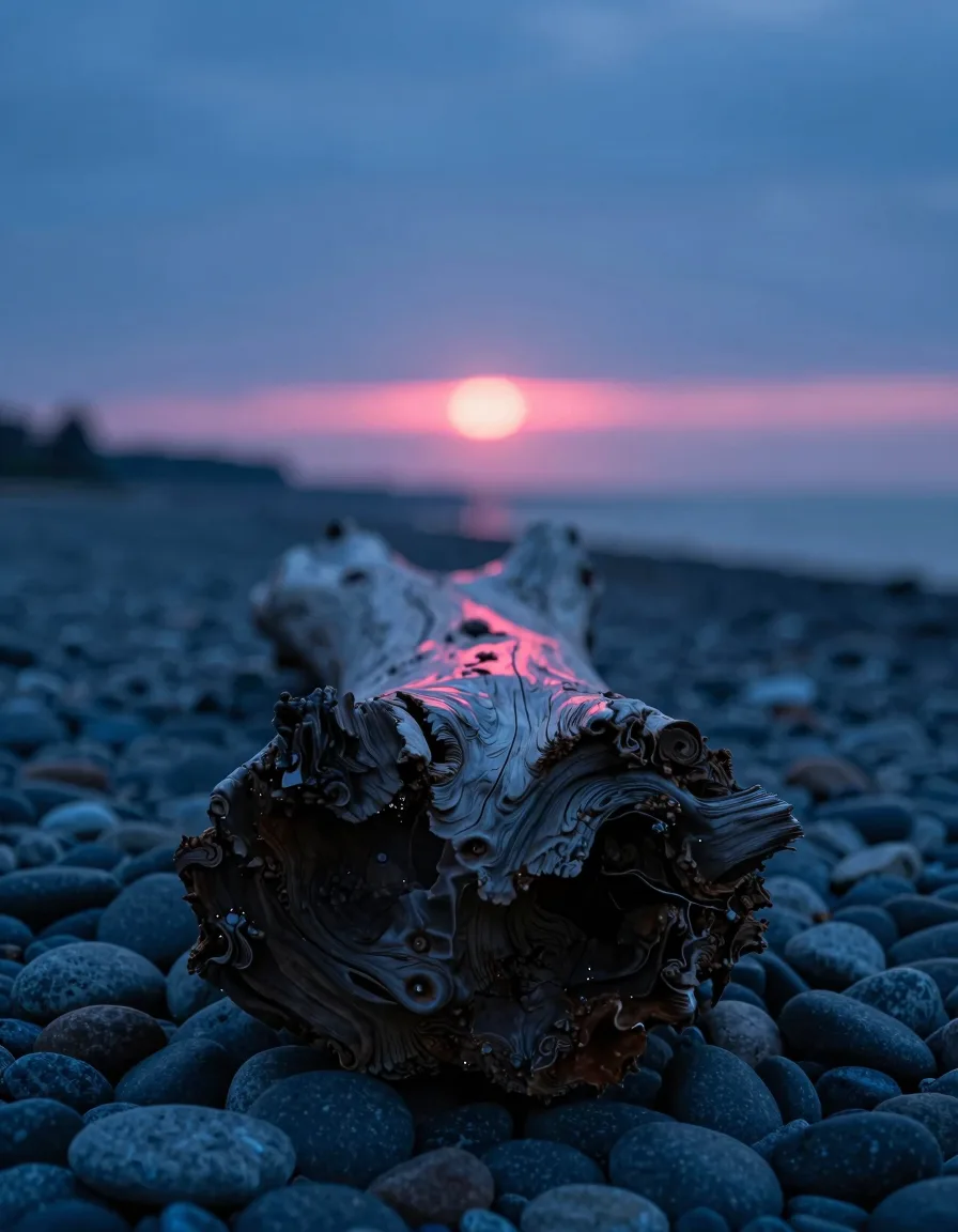 portrait orientation of organic weathered form on a desolate plain at electric-blue twilight with hot-pink accent - companion image for the the services trap essay
