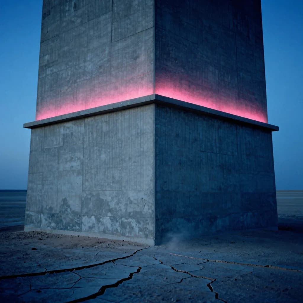 The base corner of a single massive brutalist concrete tower meeting cracked desert ground, one sharp structural edge anchoring the frame.