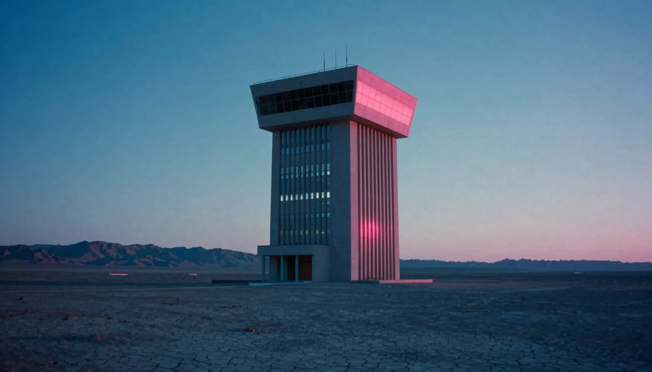 A single monolithic brutalist control tower rising from a wide empty desert plateau, rows of thin glowing slit windows climbing its face under an open sky.