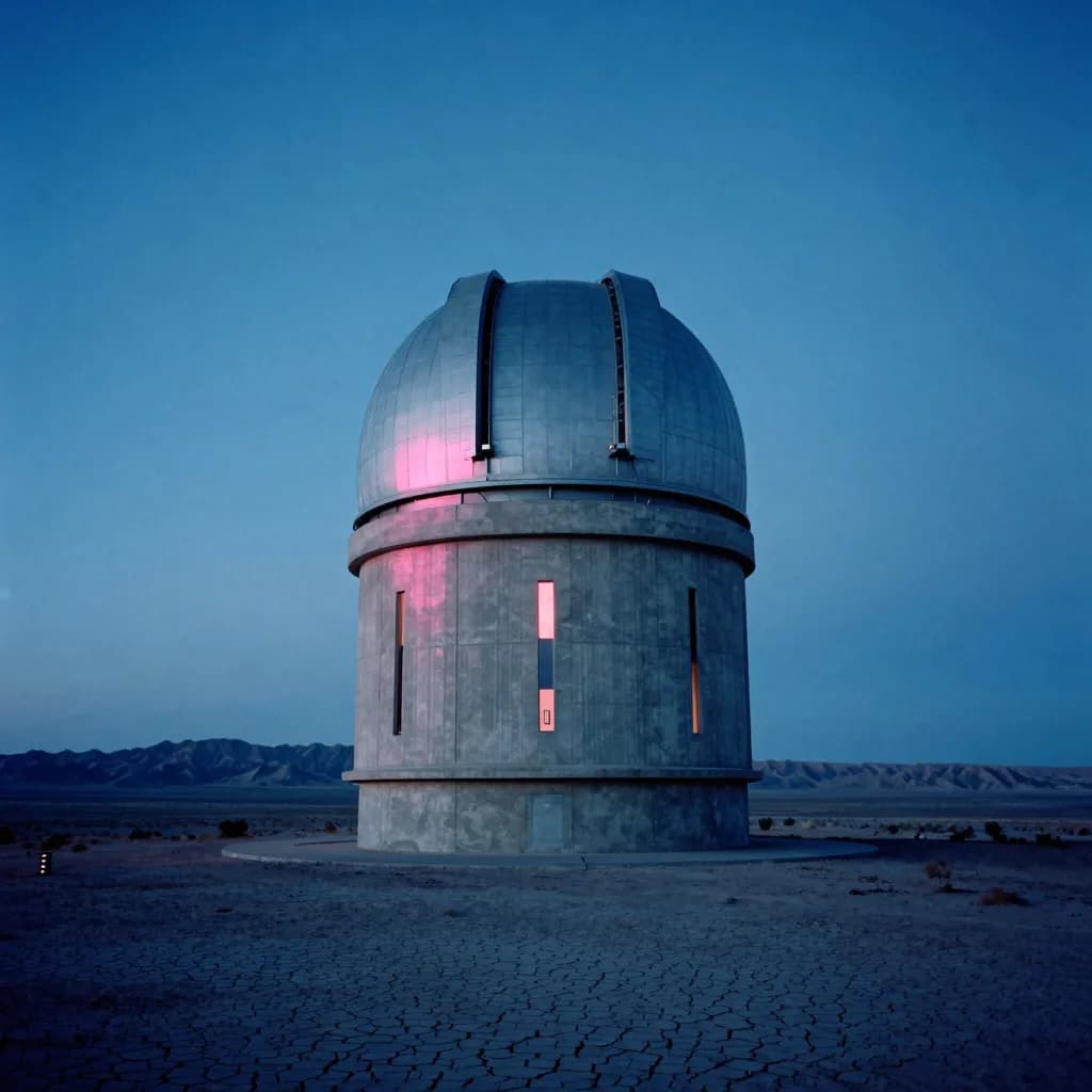 A single concrete observatory dome standing alone on a cracked desert flat at dusk, a soft pink glow lighting its slit windows.