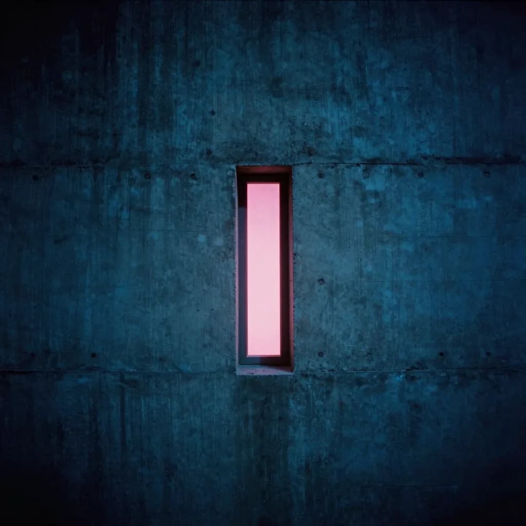 A single narrow glowing slit window set into a vast weathered concrete wall, the one bright aperture dominating the frame.