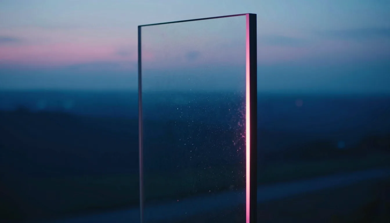 An upright pane of iridescent glass in fog, a tall glowing column of light inside it with a dim margin down the right edge.