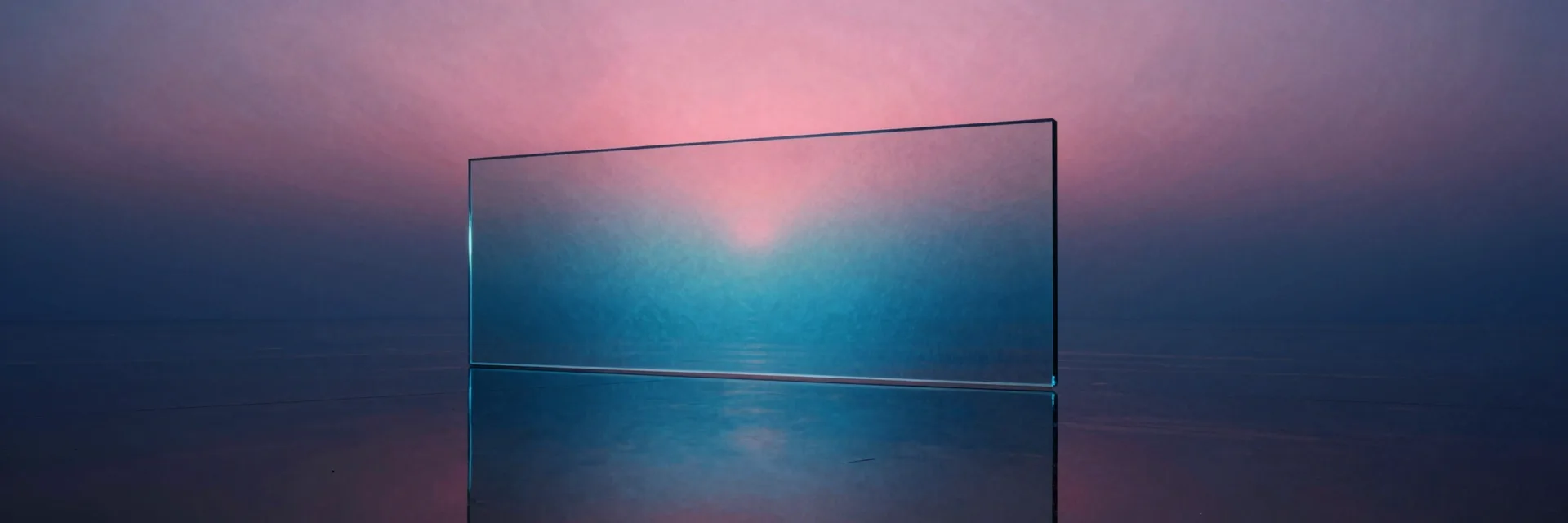 A single massive slab of iridescent glass refracting a split spectrum band across its face mirrored on the polished black floor directly below.