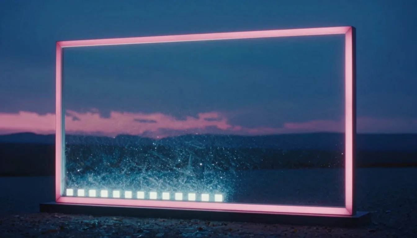 An upright pane of iridescent glass in a twilight landscape, a glowing wide panel of light with small bright squares along its lower edge.
