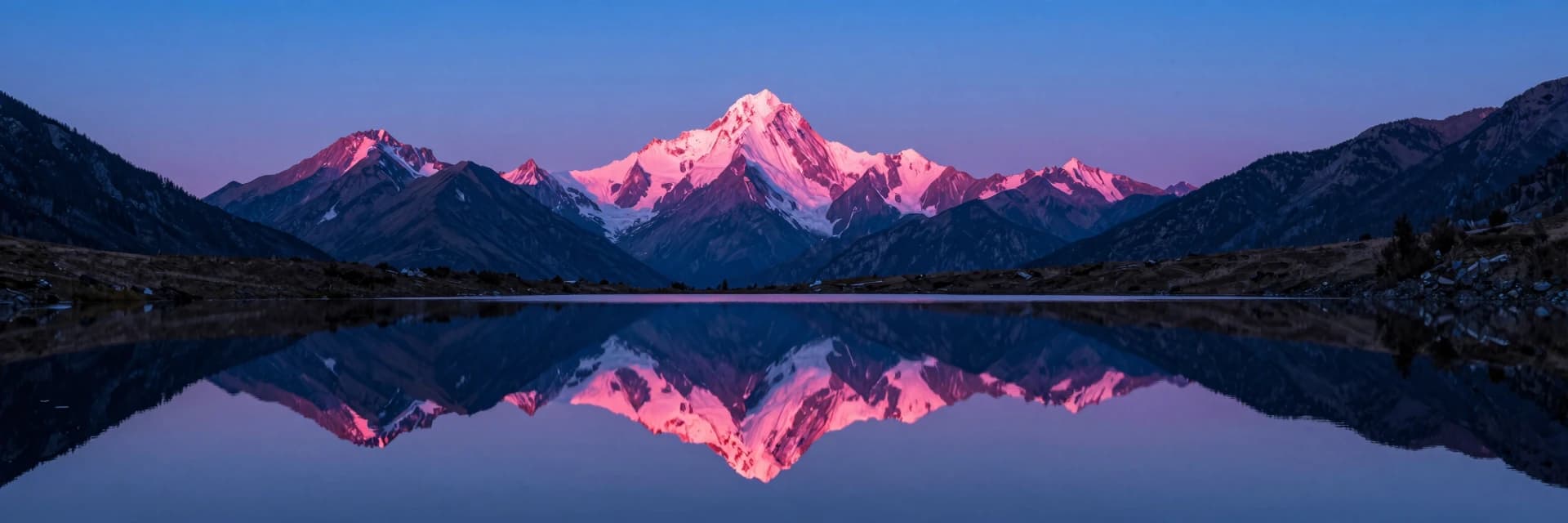 An alpine mountain range with mirror reflection in a tarn at dawn, centered symmetry with the horizon running through the middle, hot-pink dawn glow on every peak with a matching reflection in the water.