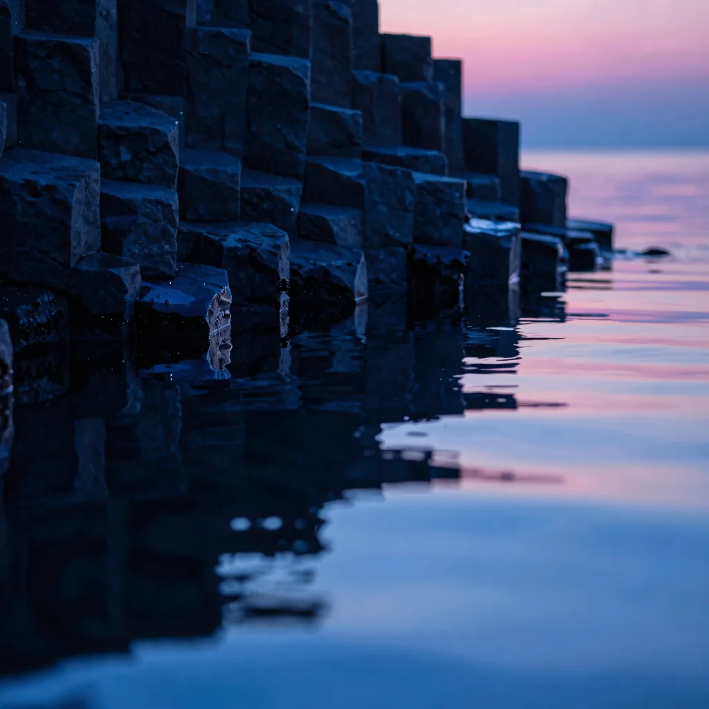 Ultra-wide low angle of a translucent slab reflected in a still dark pool, twin pink-and-blue light columns mirrored, magic-hour palette.