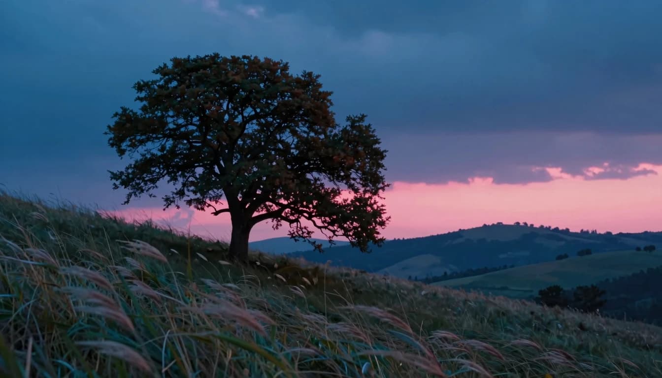 A single lone oak tree on a windswept hillside in dramatic crosslight, tree filling the left third of the frame, hillside extending right, hot-pink sunset break crosslighting from the right.
