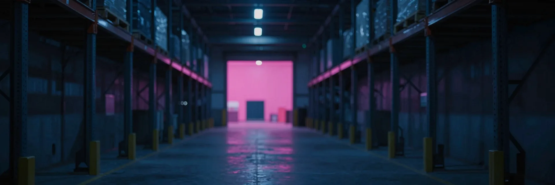 Ultra-wide warehouse interior receding to a distant doorway