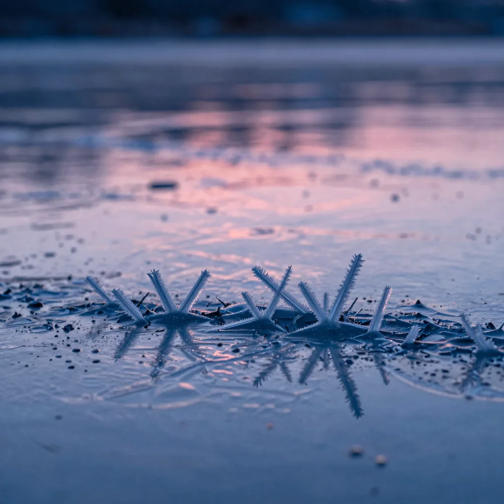 Close-up macro of frozen patterns on the marsh water surface at dawn, dendritic ice crystal formations and trapped frost.