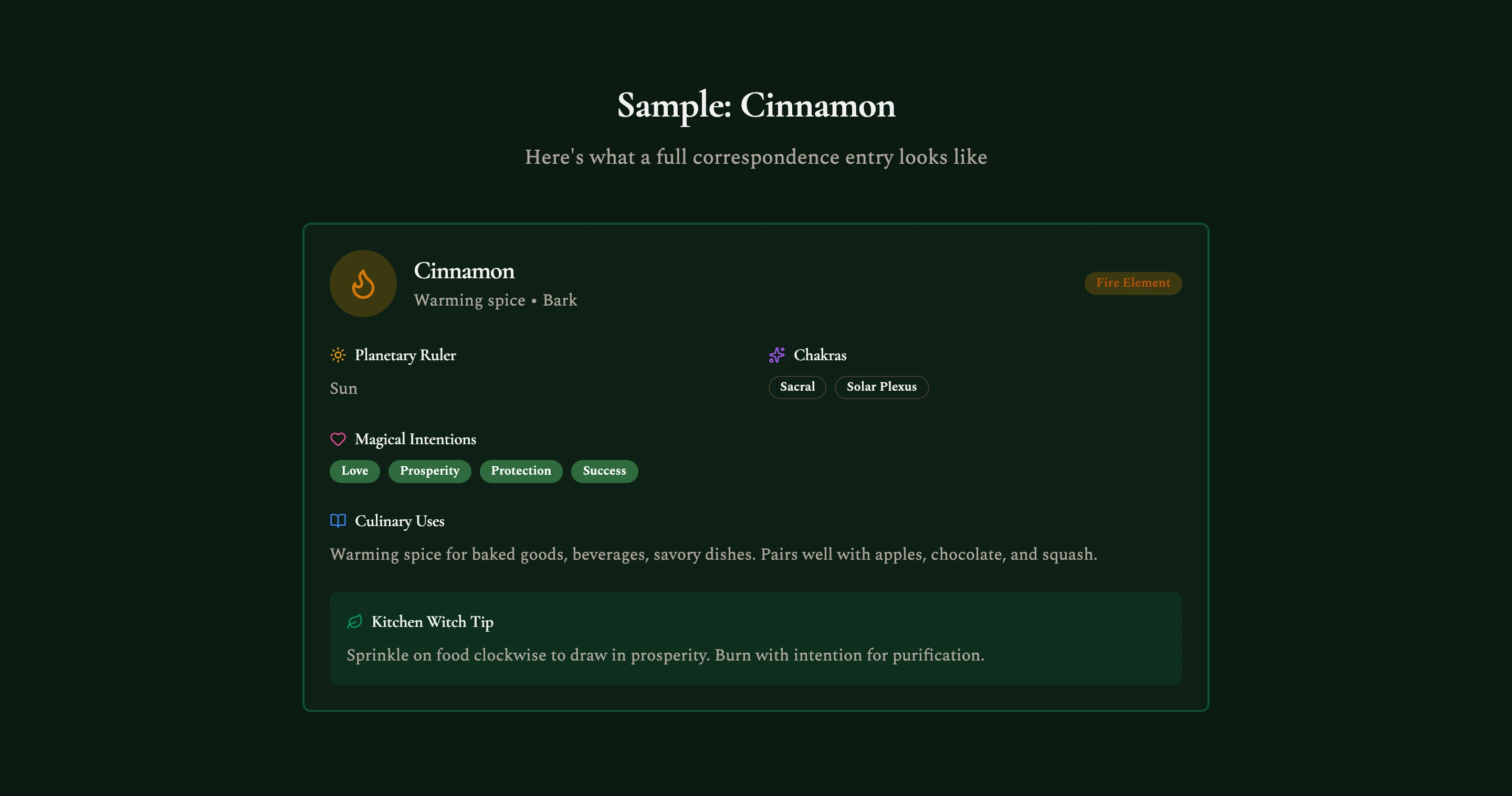 The full correspondence entry for cinnamon: planetary ruler, chakras, magical intentions, culinary uses, and a kitchen witch tip.