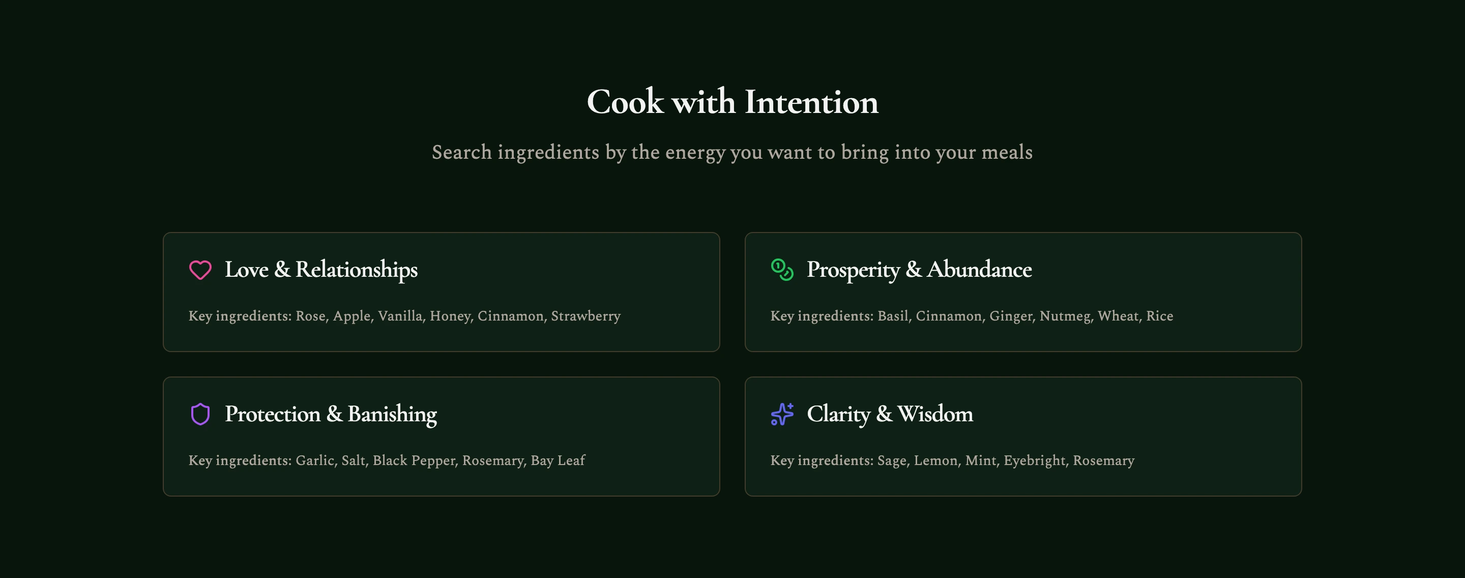 Searching ingredients by intention on the live site: love, prosperity, protection, and clarity, each with its key ingredients.