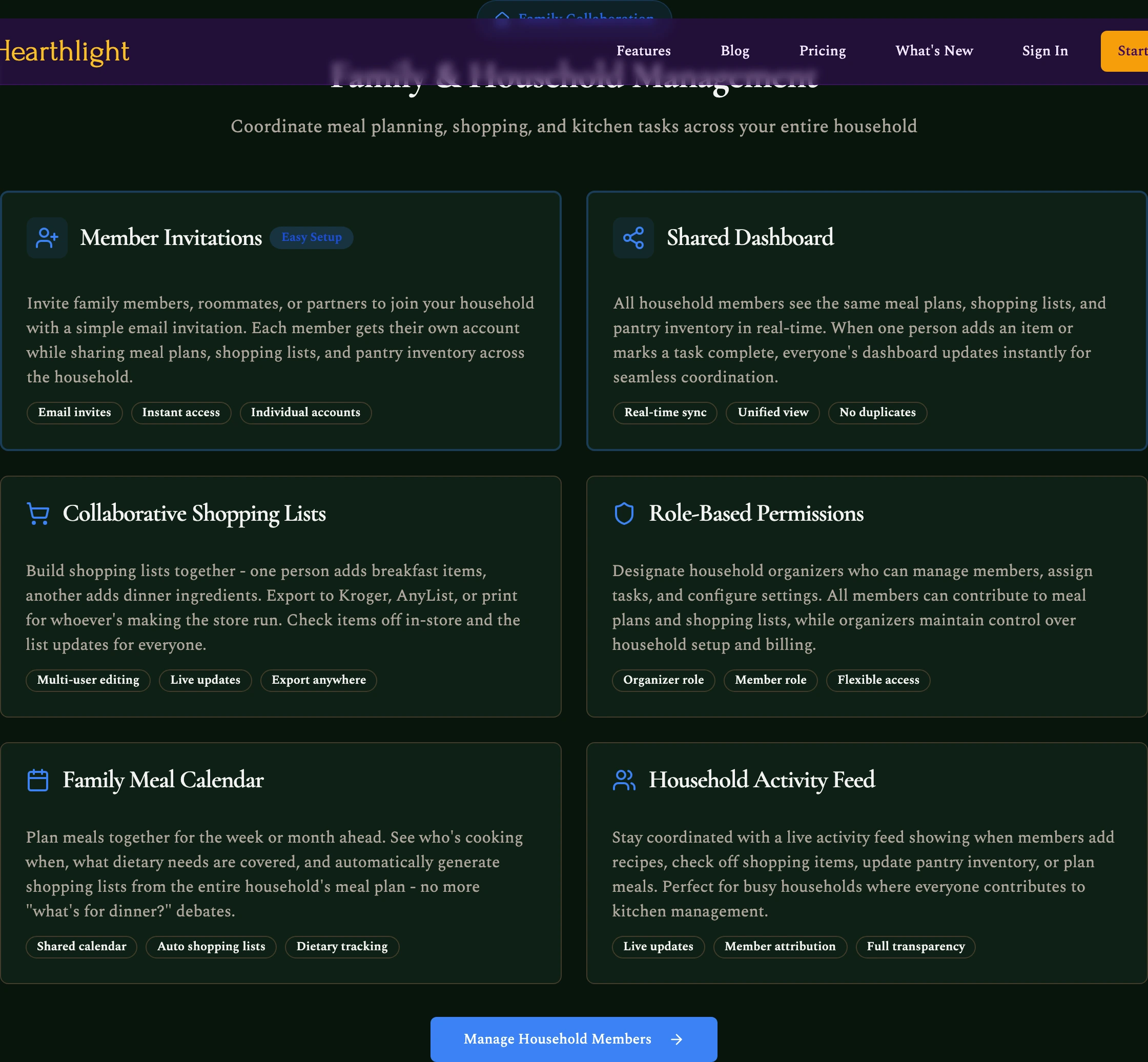 Family and household management cluster: member invitations, shared dashboard, role-based permissions, family meal calendar.