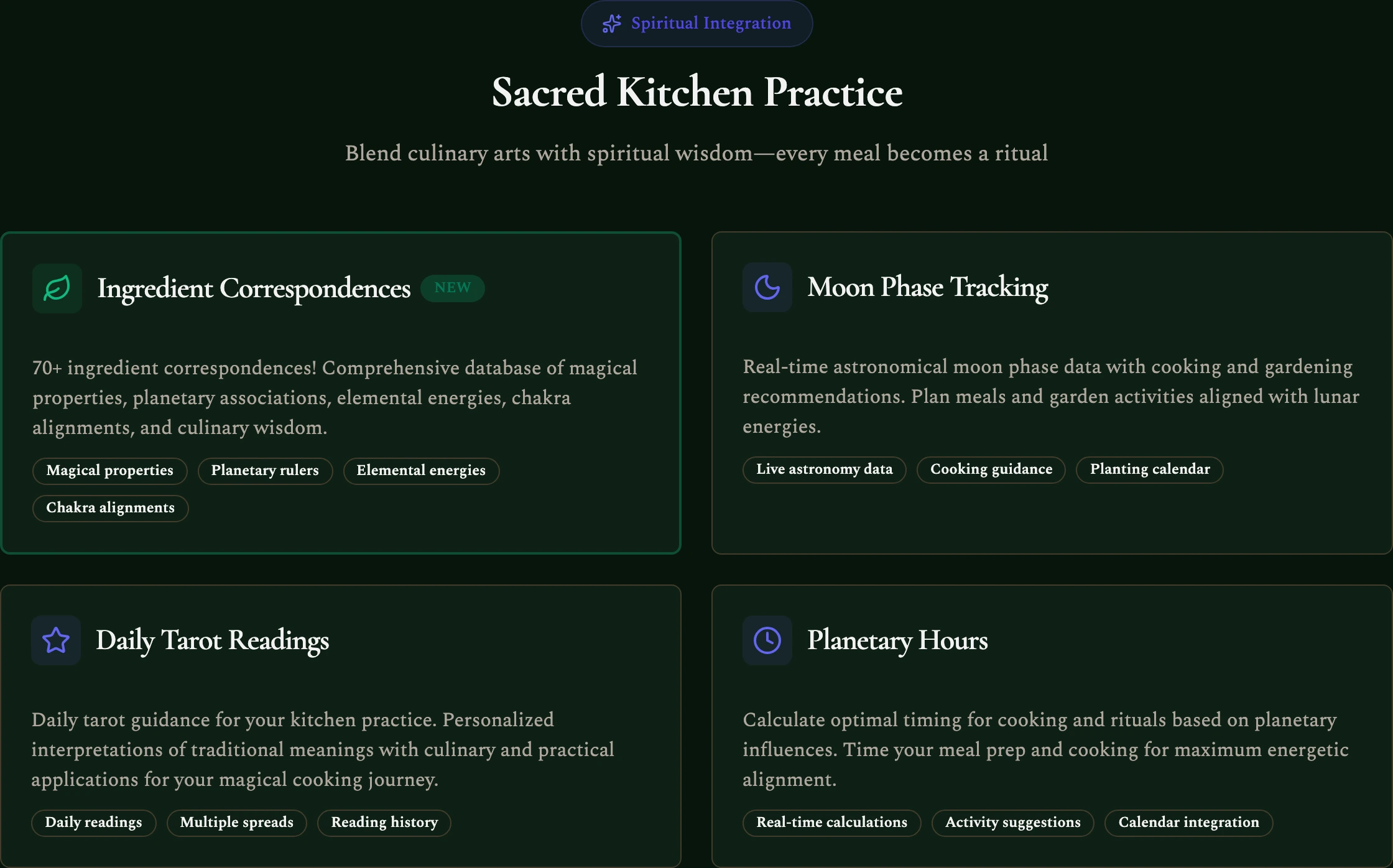 Sacred Kitchen Practice cluster on the live features page: ingredient correspondences, moon phase tracking, daily tarot, planetary hours.