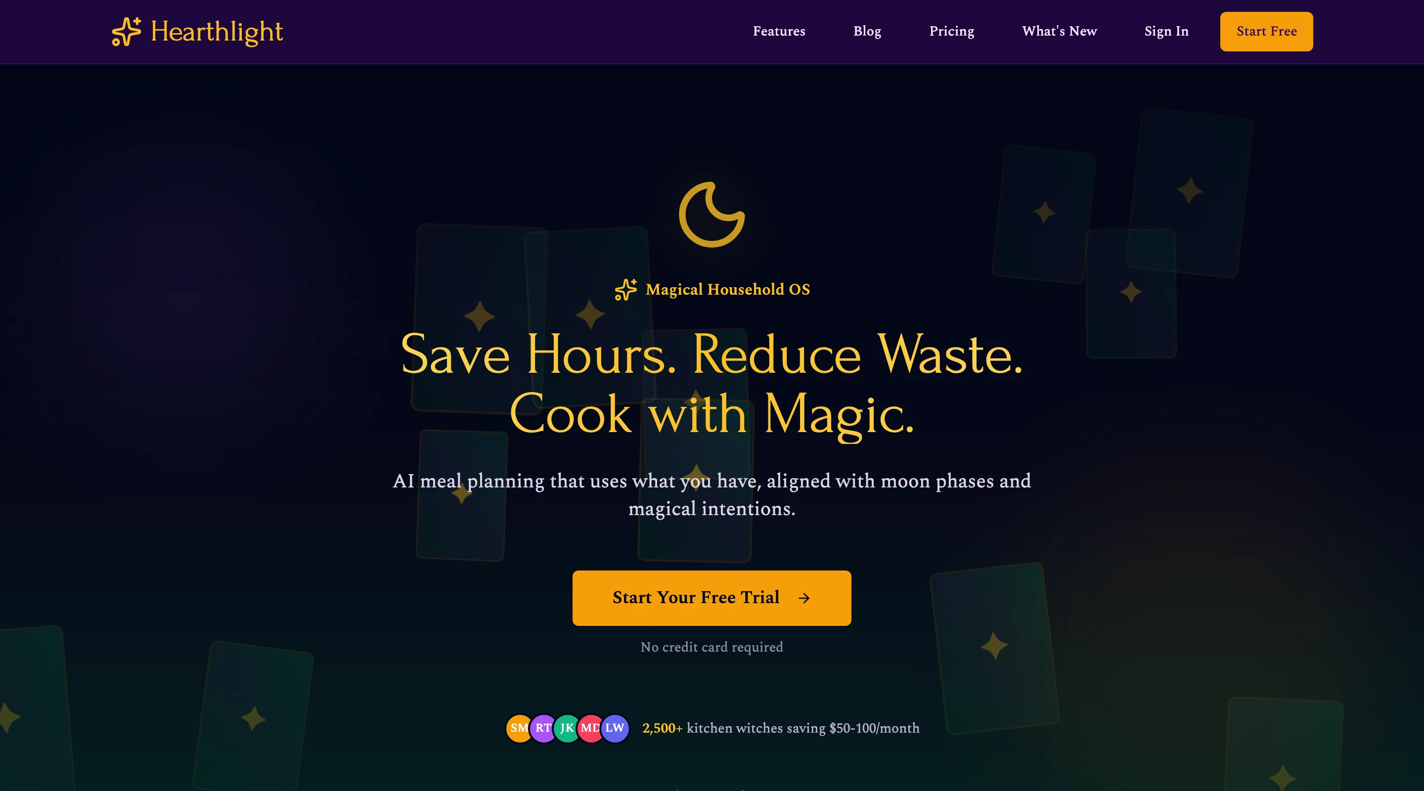 The live homepage hero: Save Hours. Reduce Waste. Cook with Magic. Tarot cards drifting through a night sky.