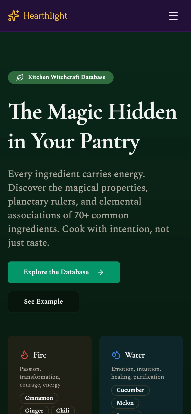Ingredient correspondences page at phone width, element cards stacked.