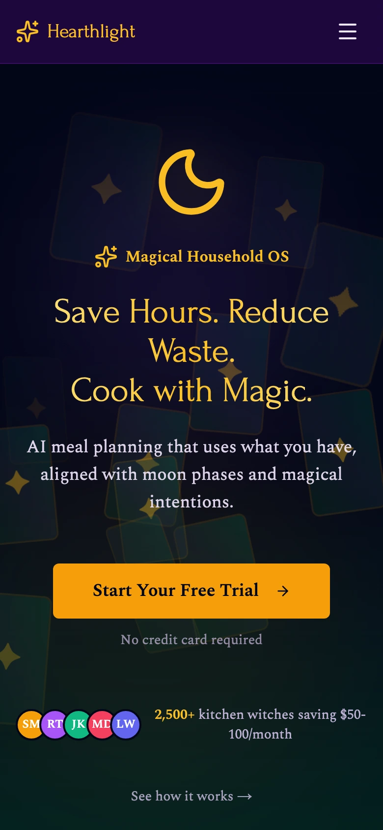 The live homepage at phone width, headline and tarot night sky intact.