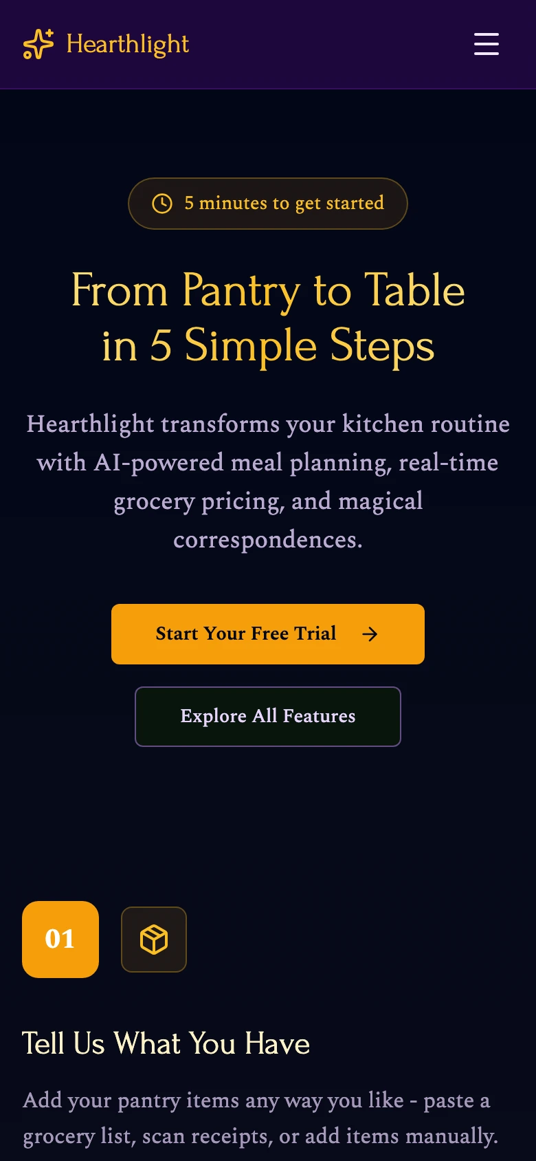 How-it-works page at phone width: from pantry to table in five steps.