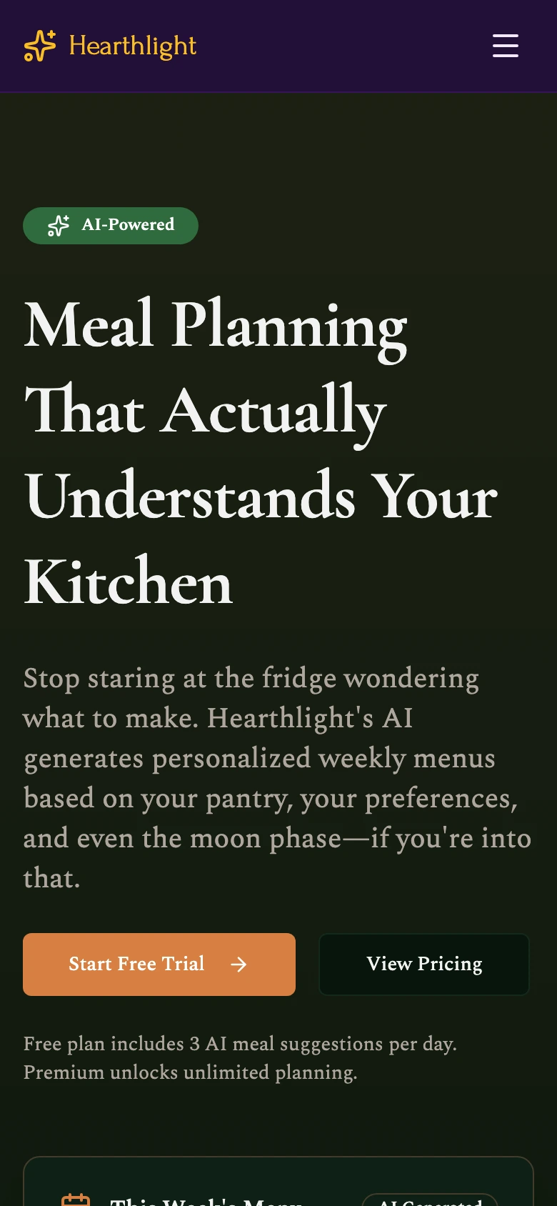AI meal planning page at phone width with the generated weekly menu.
