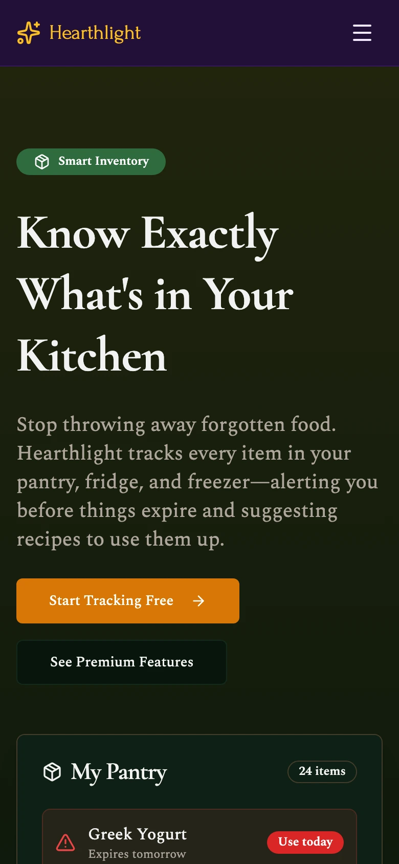 Pantry management page at phone width, expiry alerts up top.