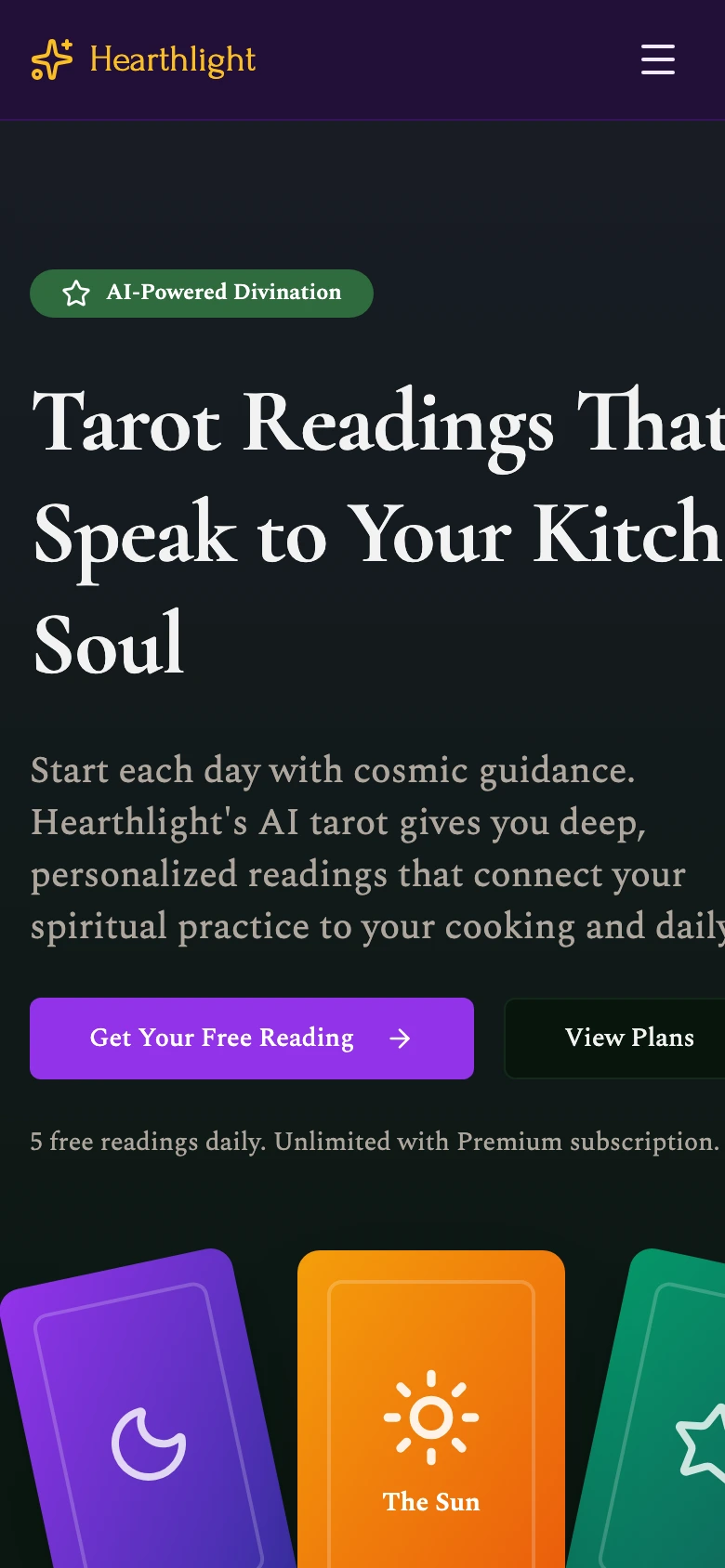 Tarot readings feature page at phone width.