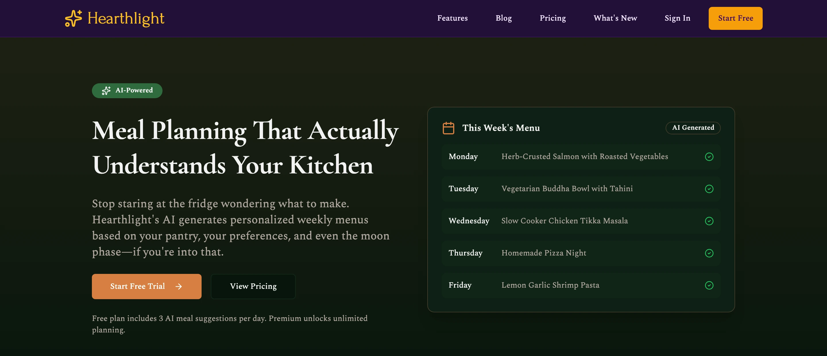 AI meal planning feature page with a generated week of menus, Monday salmon through Friday shrimp pasta.