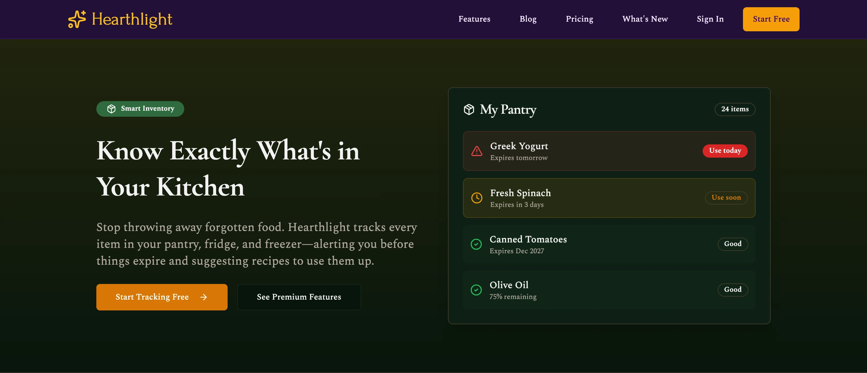 Pantry tracking on the live site: Greek yogurt expiring tomorrow, spinach in three days, canned tomatoes fine until 2027.