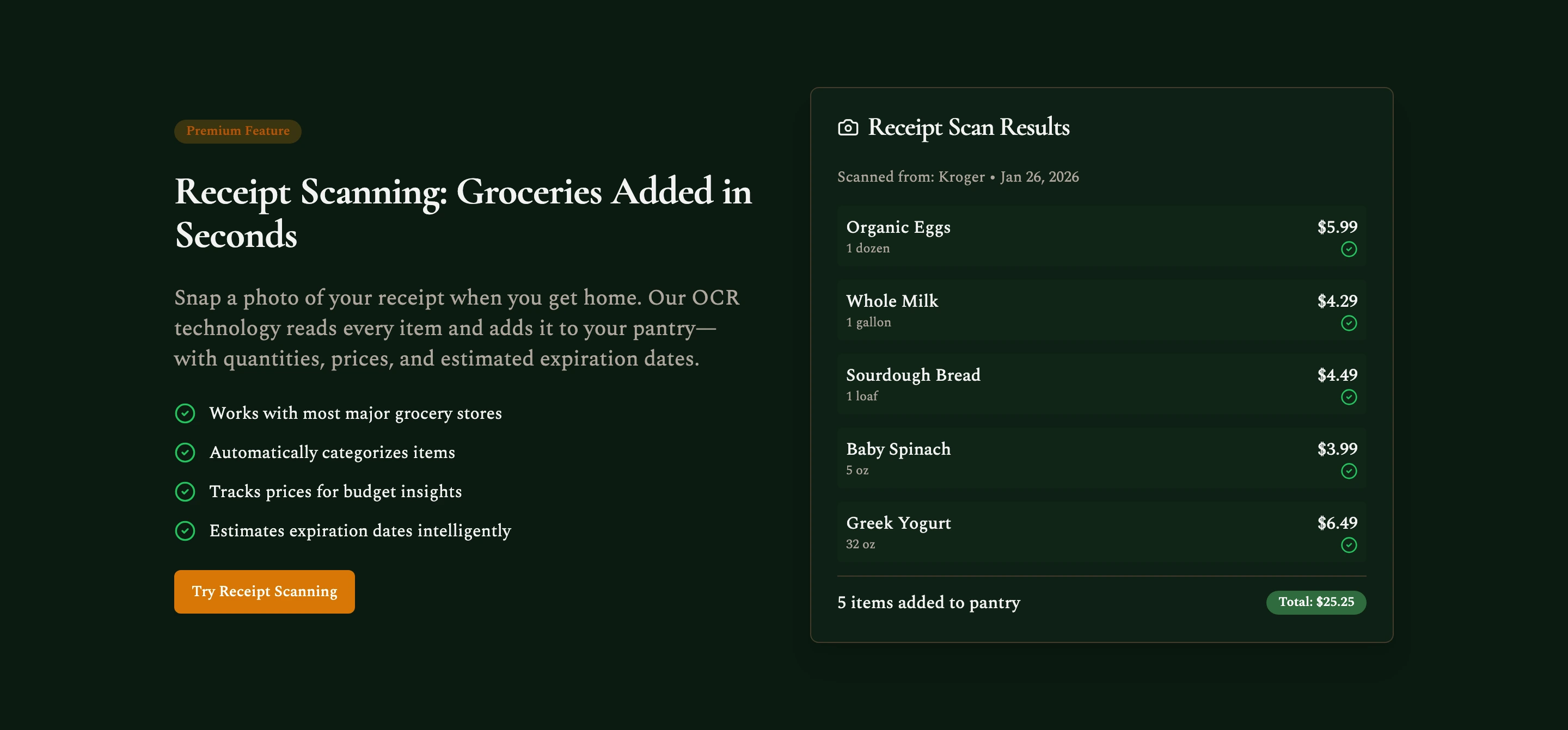 Receipt OCR on the live site: five line items scanned off a Kroger receipt straight into the pantry with prices.
