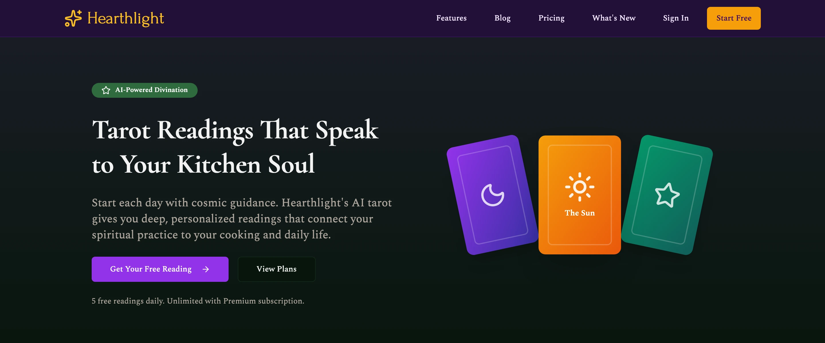 Live tarot feature page: Tarot Readings That Speak to Your Kitchen Soul, with three oversized cards fanned beside the headline.