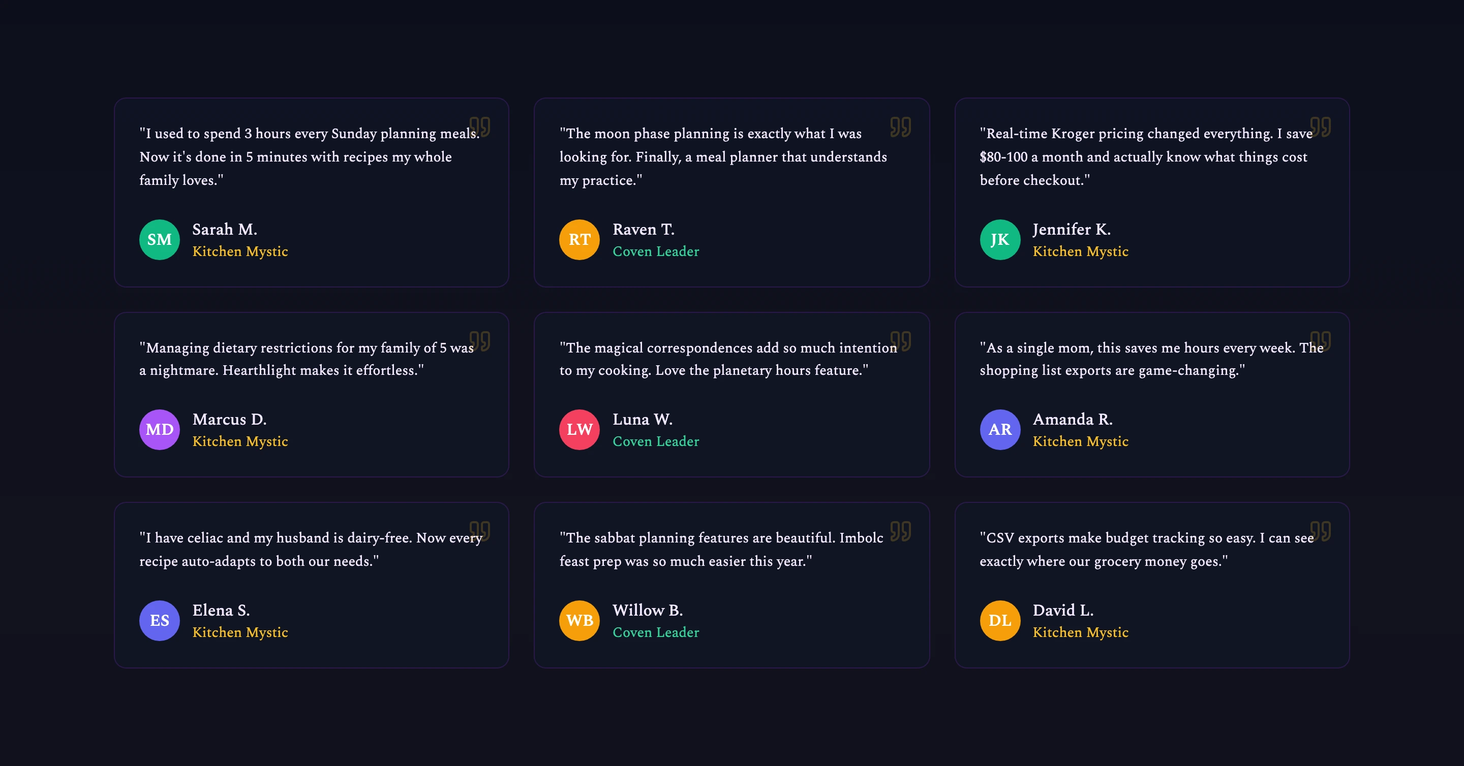 The testimonial wall on the live site, kitchen mystics and coven leaders on the record.