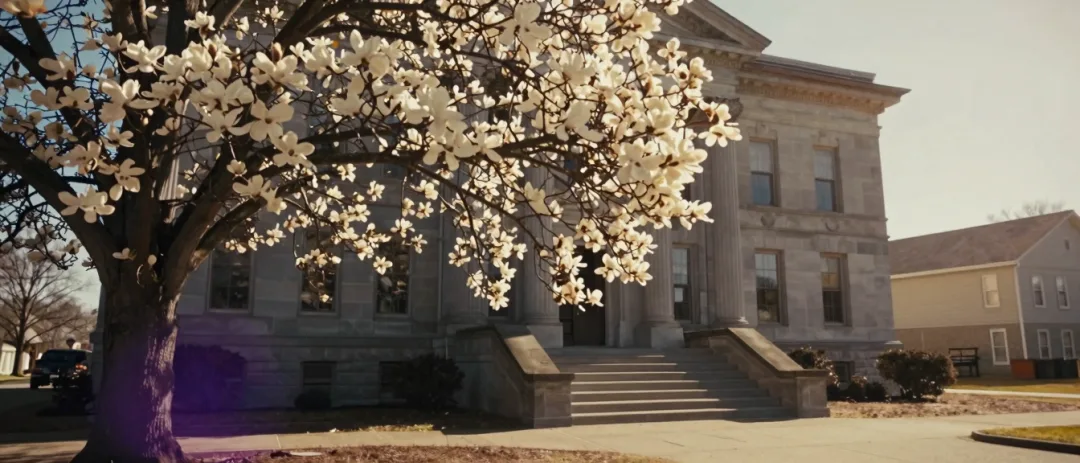 A magnolia in full spring bloom in front of a small-town courthouse.