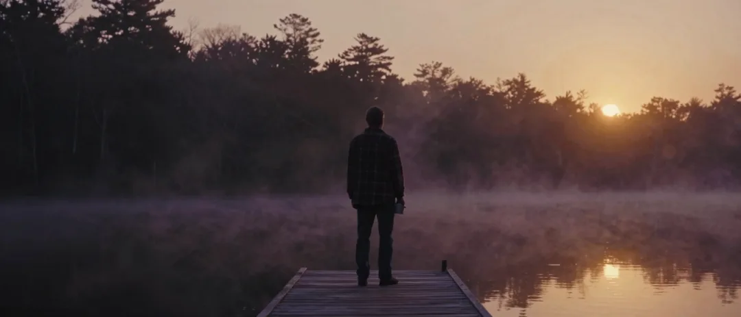 A figure standing on a lakeside dock at dawn.