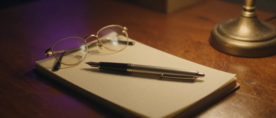 Reading glasses resting on a legal pad in warm desk-lamp light.