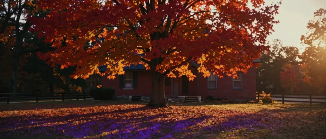 An autumn maple in full color beside a brick farmhouse.