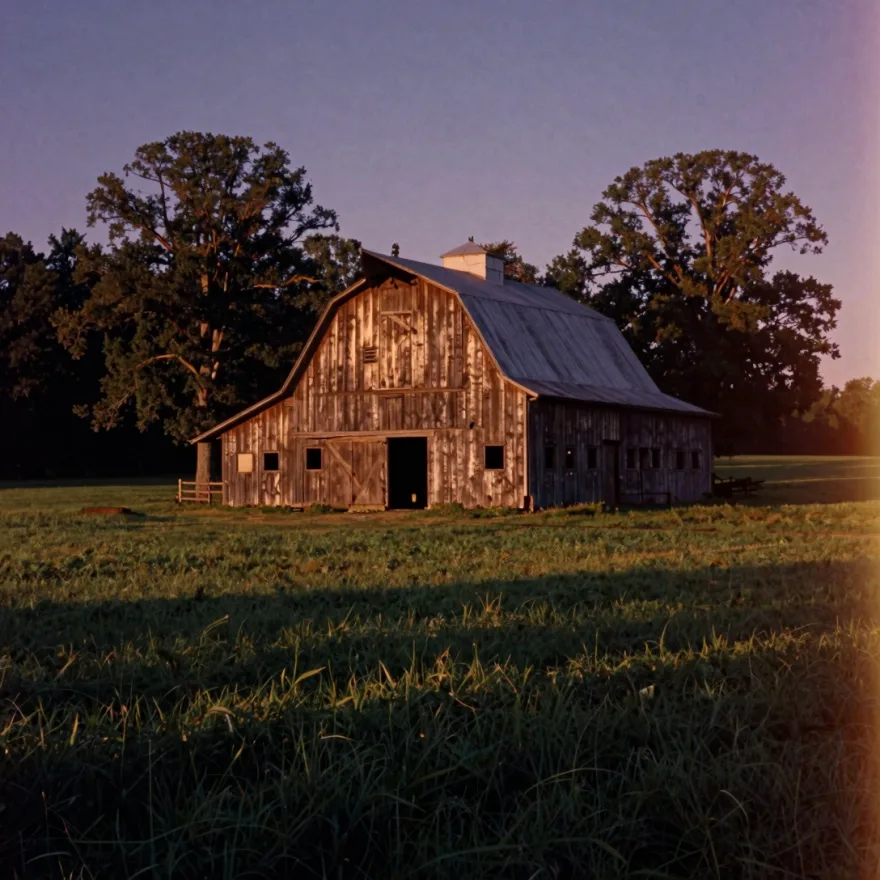 A tobacco barn centered in an open field.