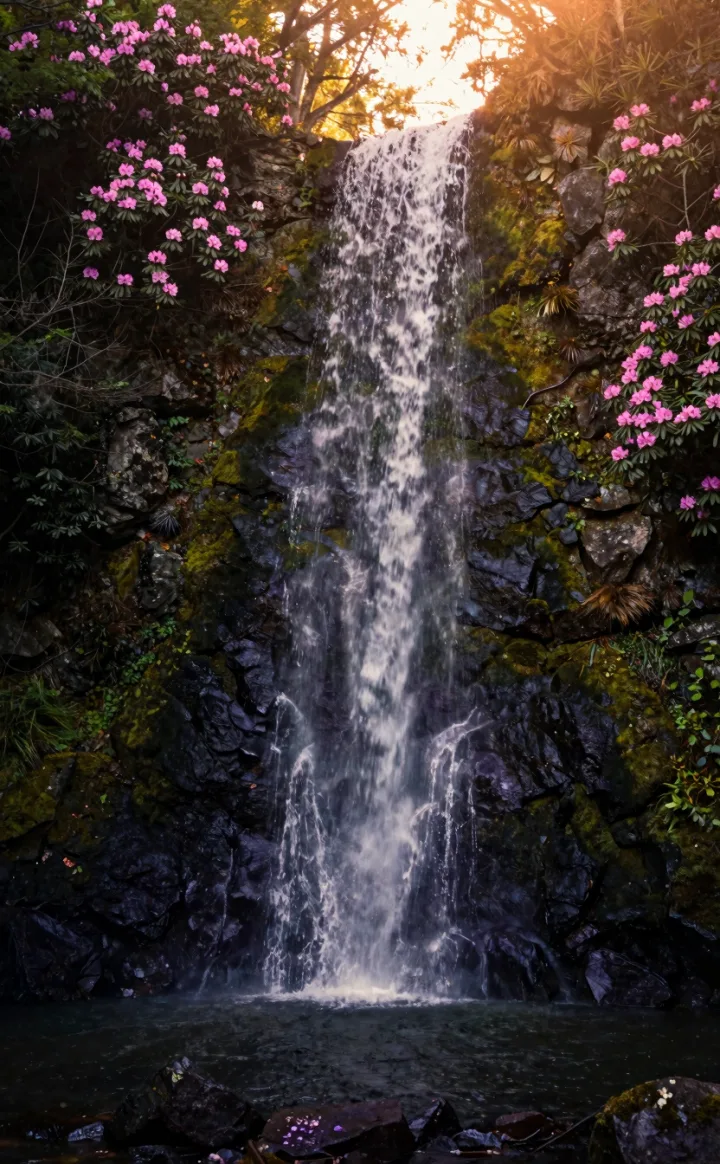 A waterfall over mossy rocks in vertical framing.