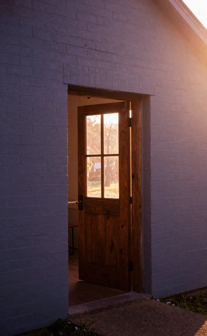 An open doorway flooded with morning sunlight.