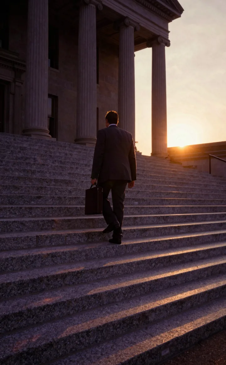 An attorney climbing tall courthouse steps, shot vertical.
