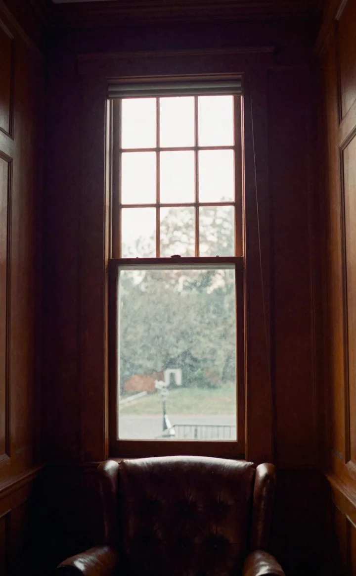 A tall window in a wood-paneled office.