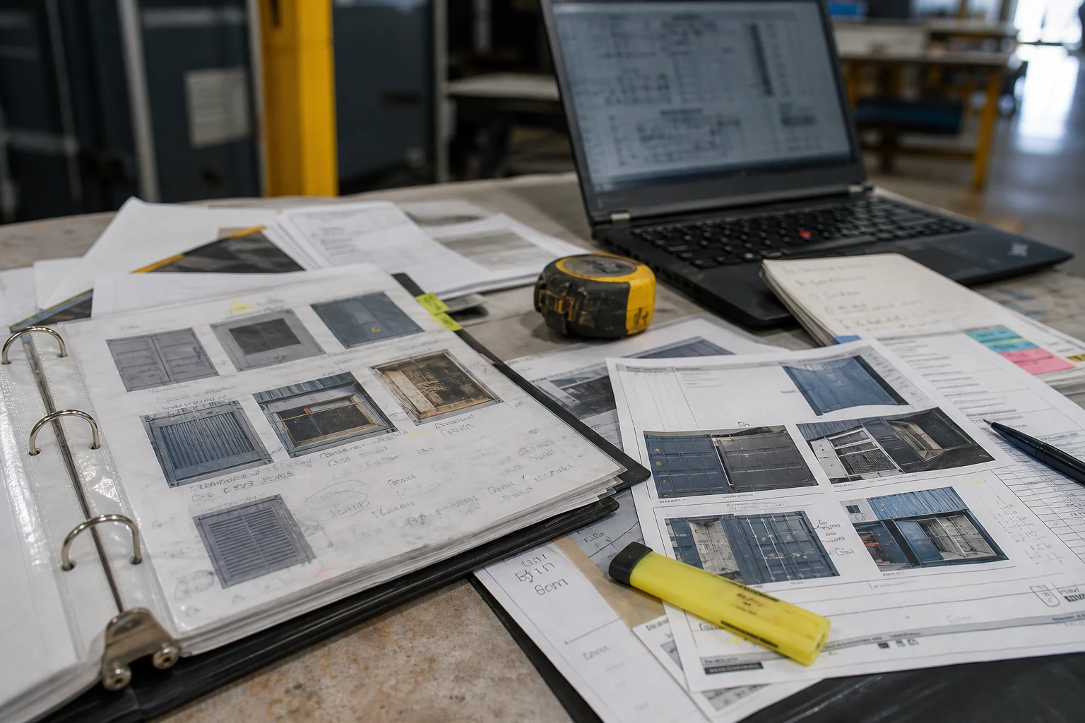 Catalog planning sheets and product notes spread across a shop office table