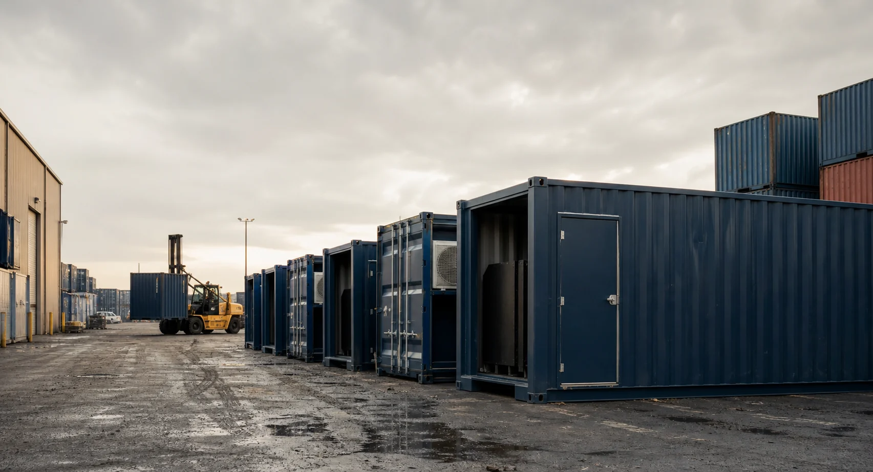 Modified shipping containers staged in a working operations yard