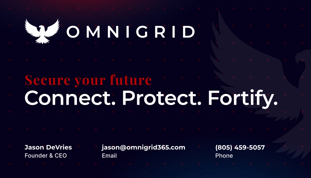 Omnigrid business card front: the eagle and wordmark over the ink ground with the red dot grid, Secure your future in red serif, the brand line in large white type, and the founder's contact details along the base.