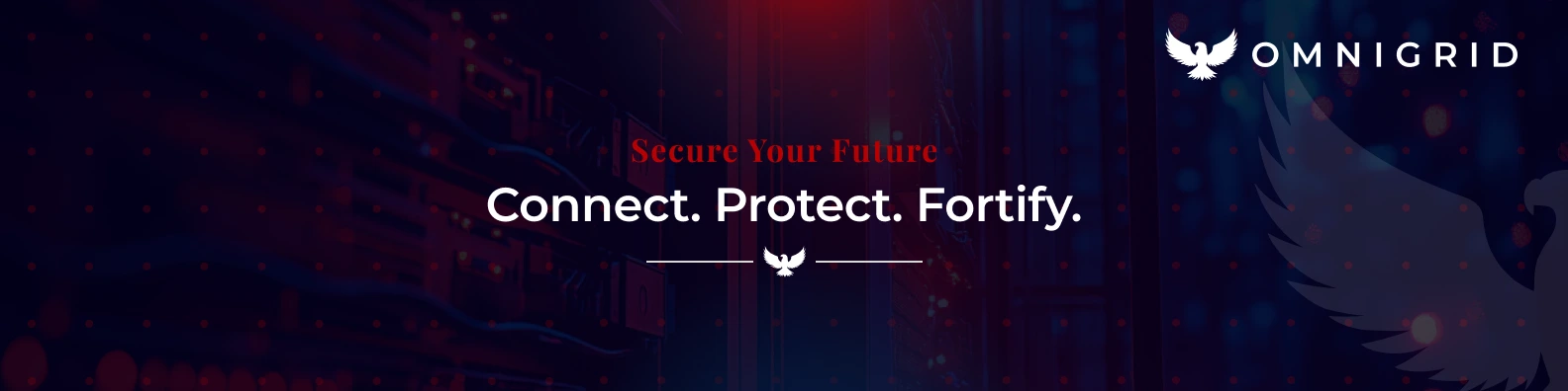 Omnigrid LinkedIn banner: the brand line centered over the ink ground with the red wash on the left edge and the eagle lockup on the right.