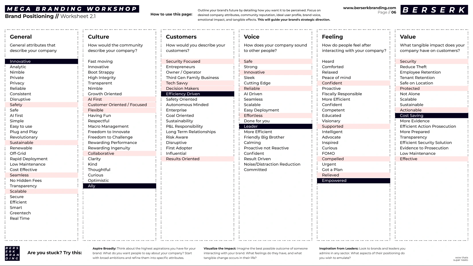The Omnigrid brand positioning worksheet: General, Culture, Customers, Voice, Feeling, and Value columns with selected attributes highlighted across each column.