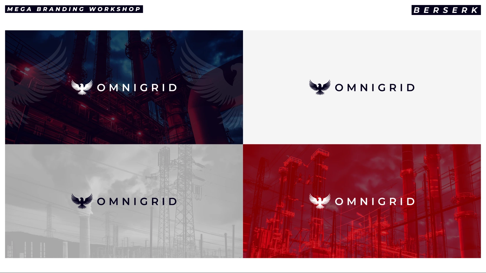 The Omnigrid logo exploration board: the eagle-plus-wordmark lockup tested across the same four grounds as the mark exploration.