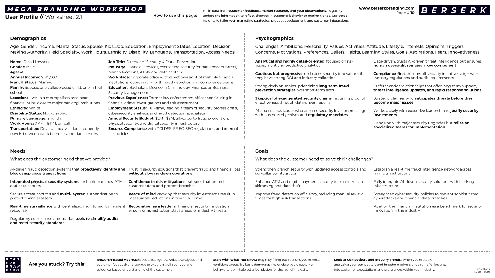 Omnigrid workshop user profile worksheet for David Lawson, financial sector security director. Full demographics, needs, and goals sections.